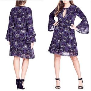 City Chic butterfly print flare sleeve midi dress - size 20 - purple